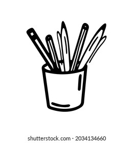 Caja de lápiz vectorial aislada en fondo blanco. Graciosa y linda ilustración para el diseño estacional, textil, decoración, sala de juegos para niños o tarjeta de saludo. Impresiones dibujadas a mano y garabatos. Página de coloreado para adultos.