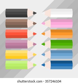 Vector pencil color, flat design with long shadow, no gradient