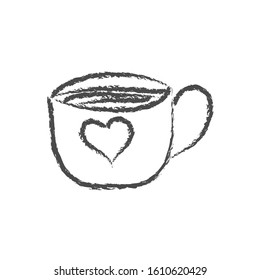 Vector pencil drawing of a Cup of coffee or tea with a heart in the style of Doodle for postcards, posters stickers and seasonal design. Isolated on a white background.