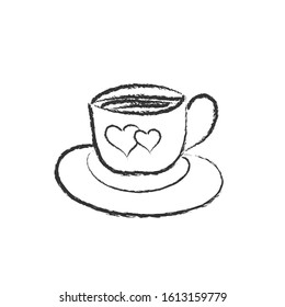 Vector pencil drawing of a Cup of coffee or tea with a heart on a saucer in the style of Doodle for postcards, posters stickers and seasonal design. Isolated on a white background.