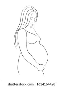 Vector pencil drawing of a pregnant woman. The pregnant woman bows her head and holds her stomach. Isolated on a white background.