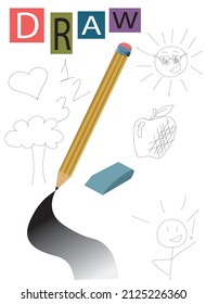 vector pencil with eraser and drawings