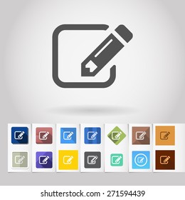 Vector pencil form edit icon and big set of square flat web mobile buttons on paper background