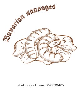 vector pencil hand drawn illustration of bavarian sausages on salad leaves with label "bavarian sausages"