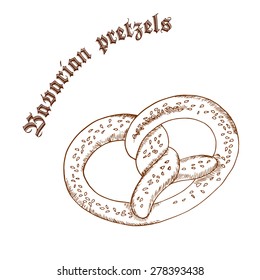 vector pencil hand drawn illustration of pretzel with salt with label "bavarian pretzel"