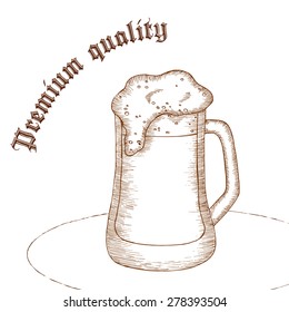 vector pencil hand drawn illustration of beer glass with label "premium quality"
