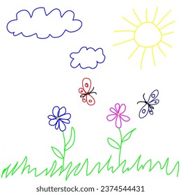 Vector pencil illustration of a doodle in the form of flowers and butterflies drawn by a child