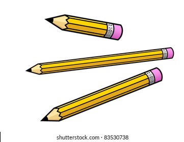 Vector pencil illustration set with three illustrated cartoon style yellow color school pencils isolated on a white background