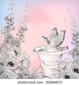 Vector pencil or ink sketch drawing flowers, bird in bath on abstract  watercolor background with subtle grunge texture