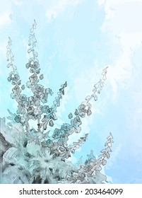Vector pencil or ink sketch drawing flowers on abstract blue watercolor background with subtle grunge texture
