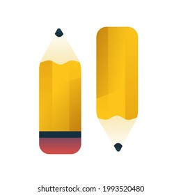 Ilustración aislada con lápiz vectorial. Conjunto de lápices simples con borrador o goma y sin. Herramienta de escritura amarillo brillante con efectos de degradado y sombra.