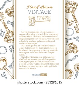 Vector pencil keys background. Gold and silver vintage keys on white background. There is place for your text. 