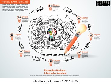 Vector Pencil Lamp Orange  - modern design Idea and Concept, Background cog, lined, arrow, icon, text various, illustration Business  Infographic template.