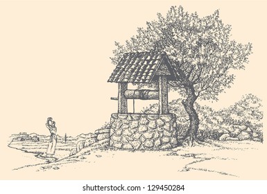 Vector pencil landscape. Young girl with a water-carrier on the shoulder