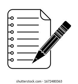 Vector Pencil with Opened Notepad Line Icon Isolated on White Background. Square Spiral Notebook Symbol. Empty Blank. Paper Sheet with Coil Spring.