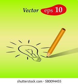 Vector pencil with a painted light bulb on a light background. Drawing of the filament lamp a simple pencil. Illustration on the theme idea.
