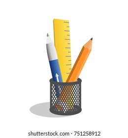 Vector pencil, pen and ruler in a office cup