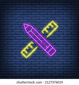 Lápiz vectorial y regla, proyecto, signo de neón de arte.