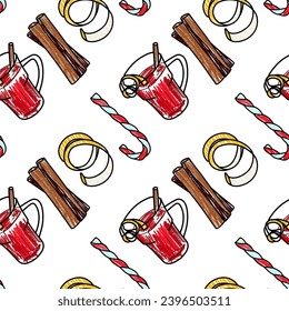 vector pencil seamless pattern for winter warmth, sweets, drinks