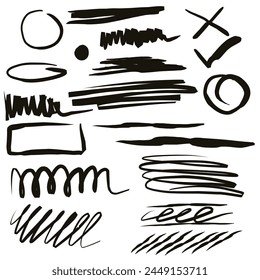 Vector pencil set of grunge strokes, circles, arrows, hearts, splatters, paint spots, pencil drawings and other creative designs. Perfect for prints, stickers, collages, labelling.