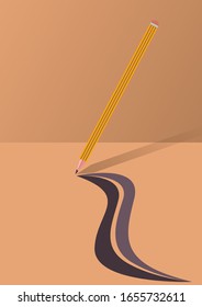 Lápiz vectorial con líneas abstractas de dibujo en la sombra sobre un fondo amarillo hecho en estilo plano