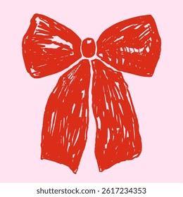Vector pencil sketch of cute red bow in coquette style, Retro hand drawn doodle ribbon graphic design element