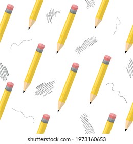 Vector pencils pattern and hand drawn striped doodles on white background. Texture vector seamless pattern. Wallpaper, background, wrapping paper, banner card template, fabric textile prints.