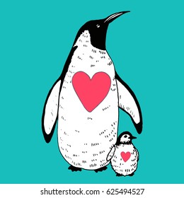 Vector penguin with a baby illustration. Hand drawn sketch of wild animal. Animals in the wild thematic drawing. Love, hearts design