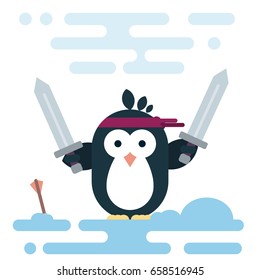 Vector penguin character stylized as a barbarian with two swords. Modern flat illustration.