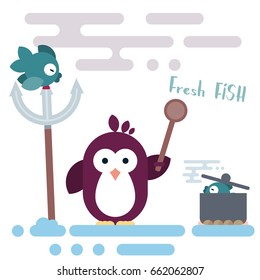 Vector penguin character stylized as chef with wooden spoon and with pot. Modern flat illustration.