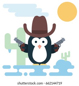 Vector penguin character stylized as a cowboy with revolvers and hat. Modern flat illustration.