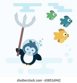 Vector penguin character stylized as a fish hunter with trident. Modern flat illustration with colorful fish.