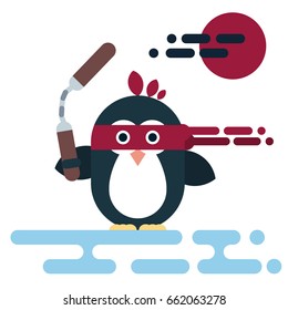 Vector penguin character stylized as a ninja with nunchaku. Modern flat illustration.