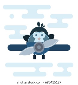 Vector penguin character stylized as a pilot in the airplane. Modern flat illustration.