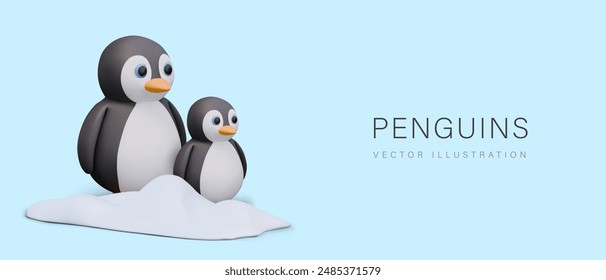 Vektorgrafik Pinguinfamilie steht auf Schnee. 3D-Komposition auf blauem Hintergrund