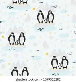 Vector Penguin Family in Winter Snow, Repeating Seamless Pattern Background, Delightful Illustration of Penguins, Fishes & Antarctic Icebergs for Fabric, Scrapbooking, Kids Home Decor & Web Stationery