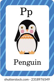 Vector Penguin with frame for ABC Flash Cards. Letters, words and pictures. Educational alphabet cards for kids. children's alphabet page.