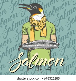 Vektorpinguin mit frischen Fischgrafiken. Vektor-Lebensmittelkonzept