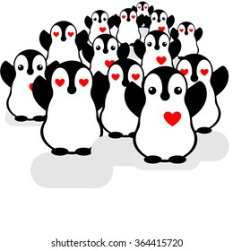 Vector penguin heart icons. Loving crowd of penguins. Fans at the concert. Likes and followers.