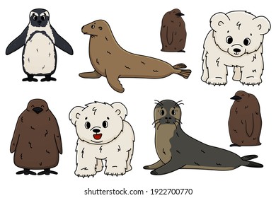 Vector Penguin, king penguin chick, fur seal, polar bear cub, small Common seal. Set of isolated small cartoon outline cute sea and ocean animals for kids book, stickers or prints for clothes