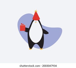 vector penguin, penguin on white background in flat graphic. cartoon illustration of a penguin with a gift. new year illustration of antarctic bird. northern animal penguin funny
