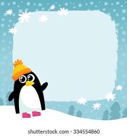 Vector penguin in orange hat on winter snowy background, cute cartoon animal character, Christmas and New Year holiday greeting card design template with space for text