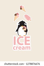 Vector penguin poster with ice cream. Cartoon little penguin. Pink ice cream. Gentle poster
