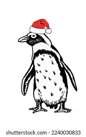 Vector penguin in Santa Claus red hat on white isolated.