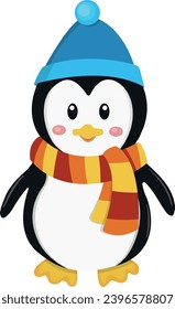 Pingüino vectorial con una bufanda y un sombrero. Pingüino gracioso aislado.