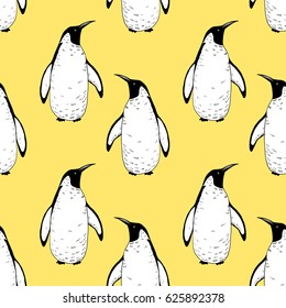 Vector penguin seamless pattern. Hand drawn sketch of wild animal. Animals in the wild thematic drawing