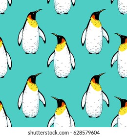 Vector penguin seamless pattern. Hand drawn sketch of wild animal. Animals in the wild thematic drawing