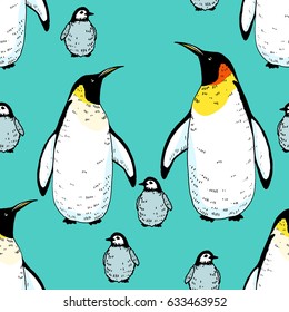 Vector penguin seamless pattern. Hand drawn sketch of wild animal. Animals in the wild thematic drawing