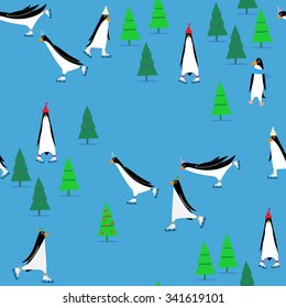 Vector penguin and spruce pattern. Seamless animal texture, birds illustrations. All elements are  cropped. Penguin pattern.