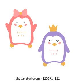 vector penguin wild animal antarctic childish kid girl bow crown princess  pattern on white for your design textile paper wallpaper 